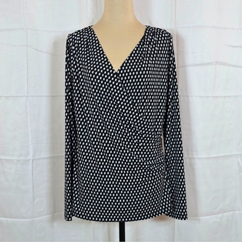 Ann Taylor Womens L Black White Geometric Faux Wrap Long Sleeve Top
